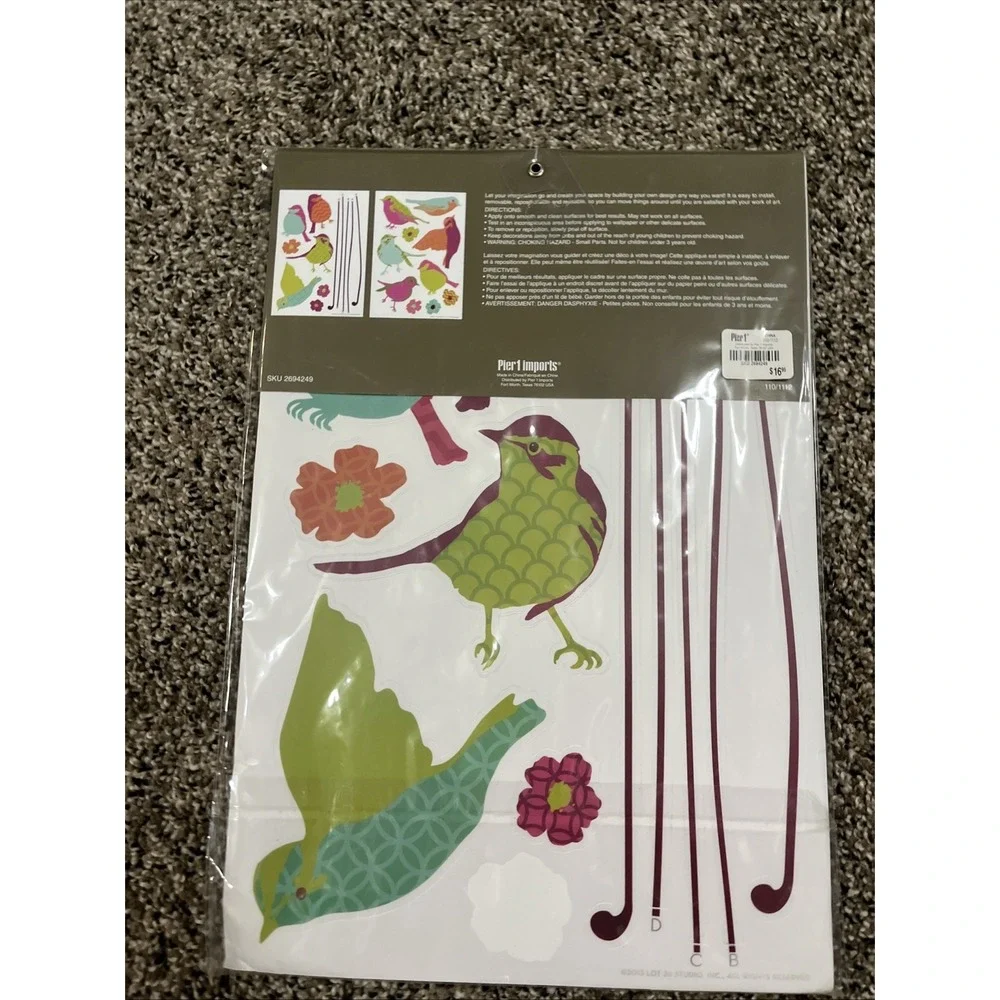 Pier 1 Imports 22 Piece Bird Pink‎ Green Peel and Stick Wall Appliqué Decal NEW